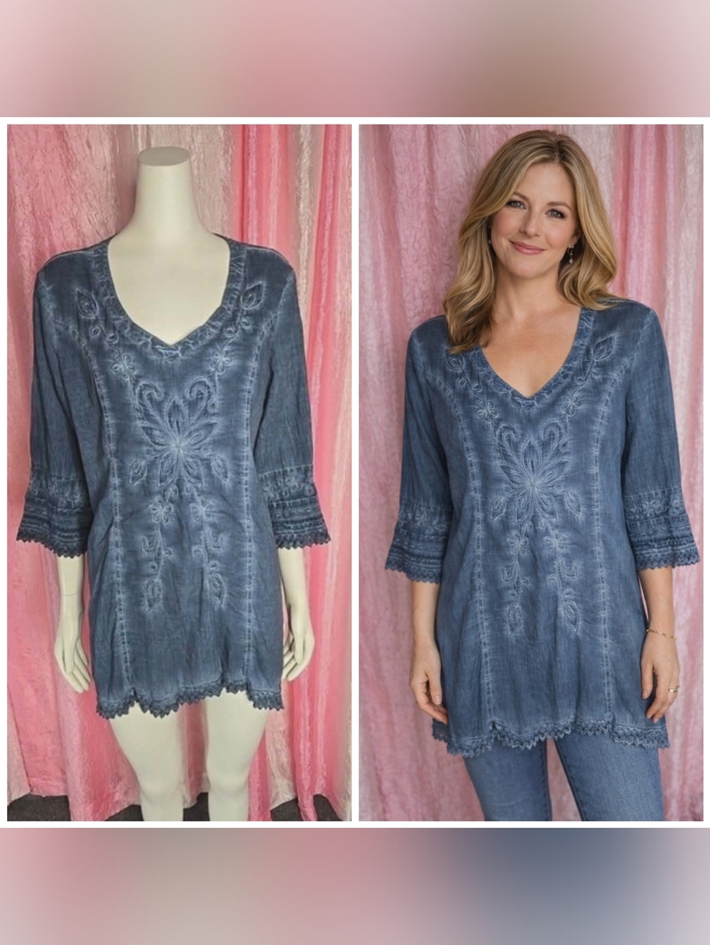 Gretty Zueger Blue Floral 100% Cotton Embroidered Lagenlook Artsy Tunic Size XL